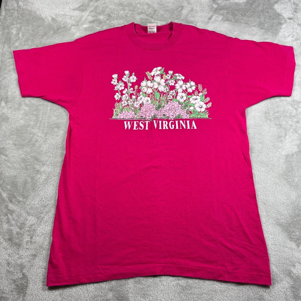 Vintage West Virginia Shirt Men XL Pink Flowers Floral Made In USA Single Stitch